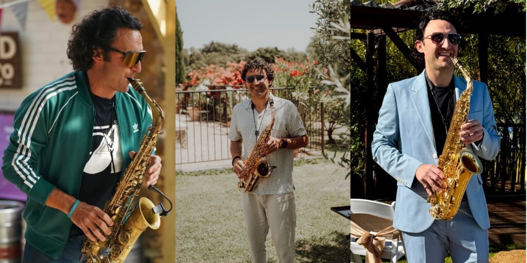 Tom performing live with saxophone at three different outdoor events